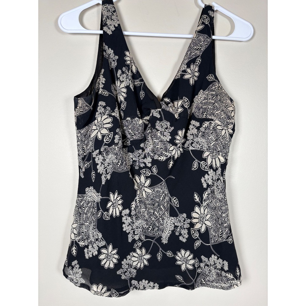Tape Measure 100% Silk Floral V-Neck Sleeveless Blouse Black Cream Size 12 Y2K